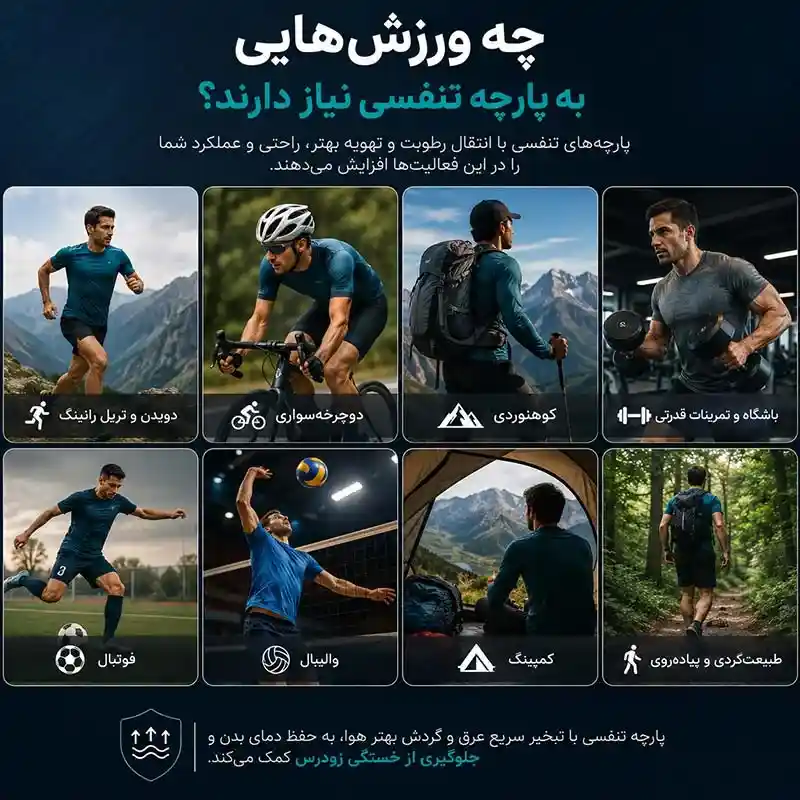 پارچه تنفسی مناسب ورزشهایی مانند دویدن، کوهنوردی، دوچرخهسواری، باشگاه و کمپینگ