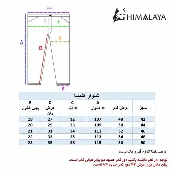 راهنمای سایز شلوار کلمبیا