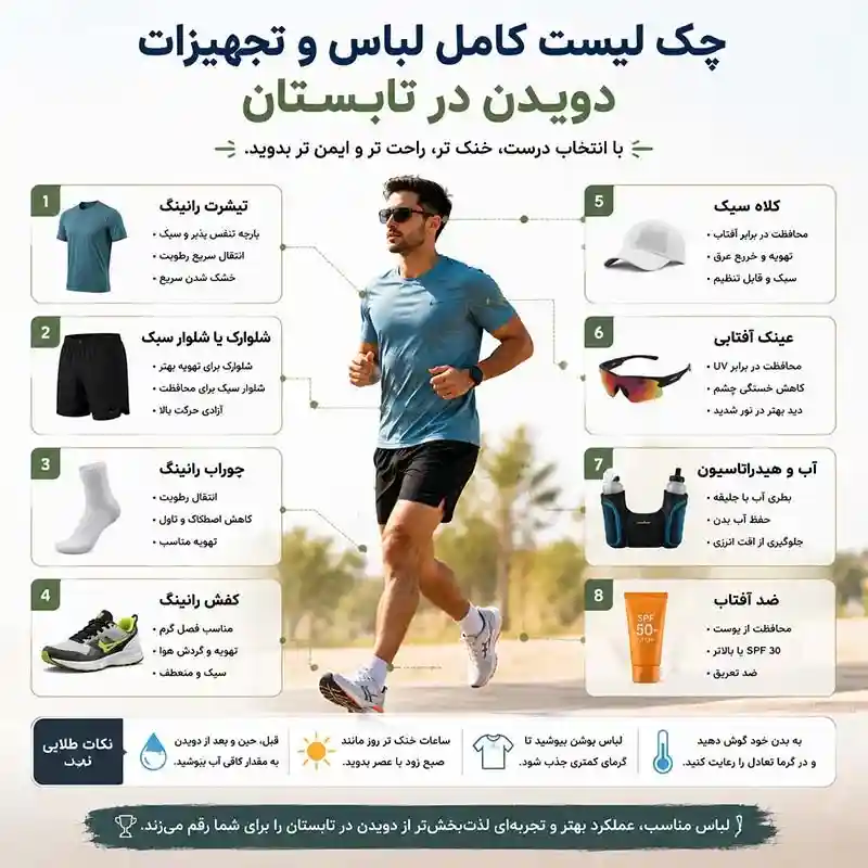 چکلیست لباس مناسب دویدن در تابستان شامل تیشرت رانینگ، شلوارک، جوراب، کفش، کلاه و تجهیزات ضروری